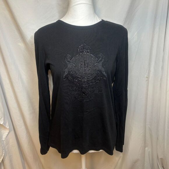 Lauren Ralph Lauren LRL Emblem Bling Black Long Sleeve Top Shirt Womens Designer - Picture 1 of 5